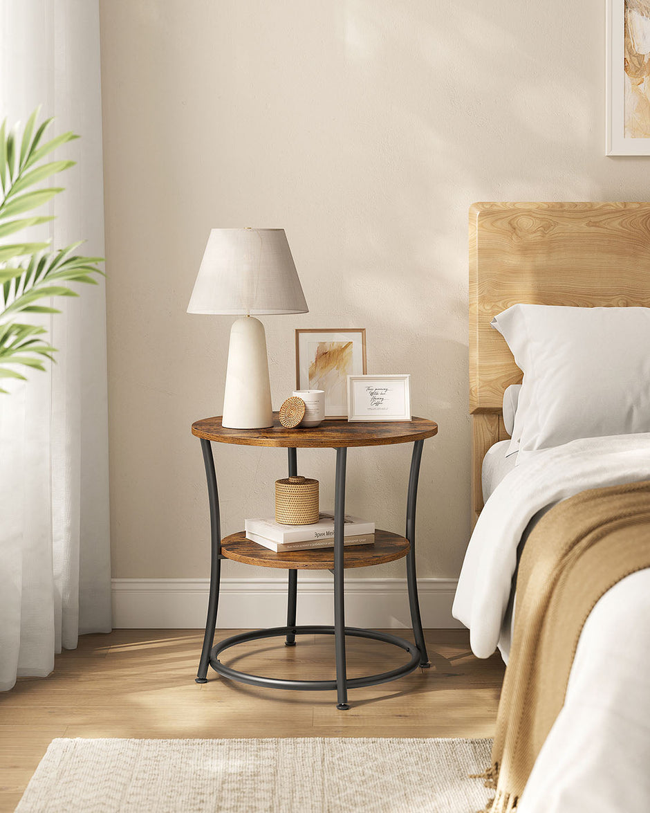 Side Table – Metal – Rustic Brown – 2 Shelves, Industrial Design
