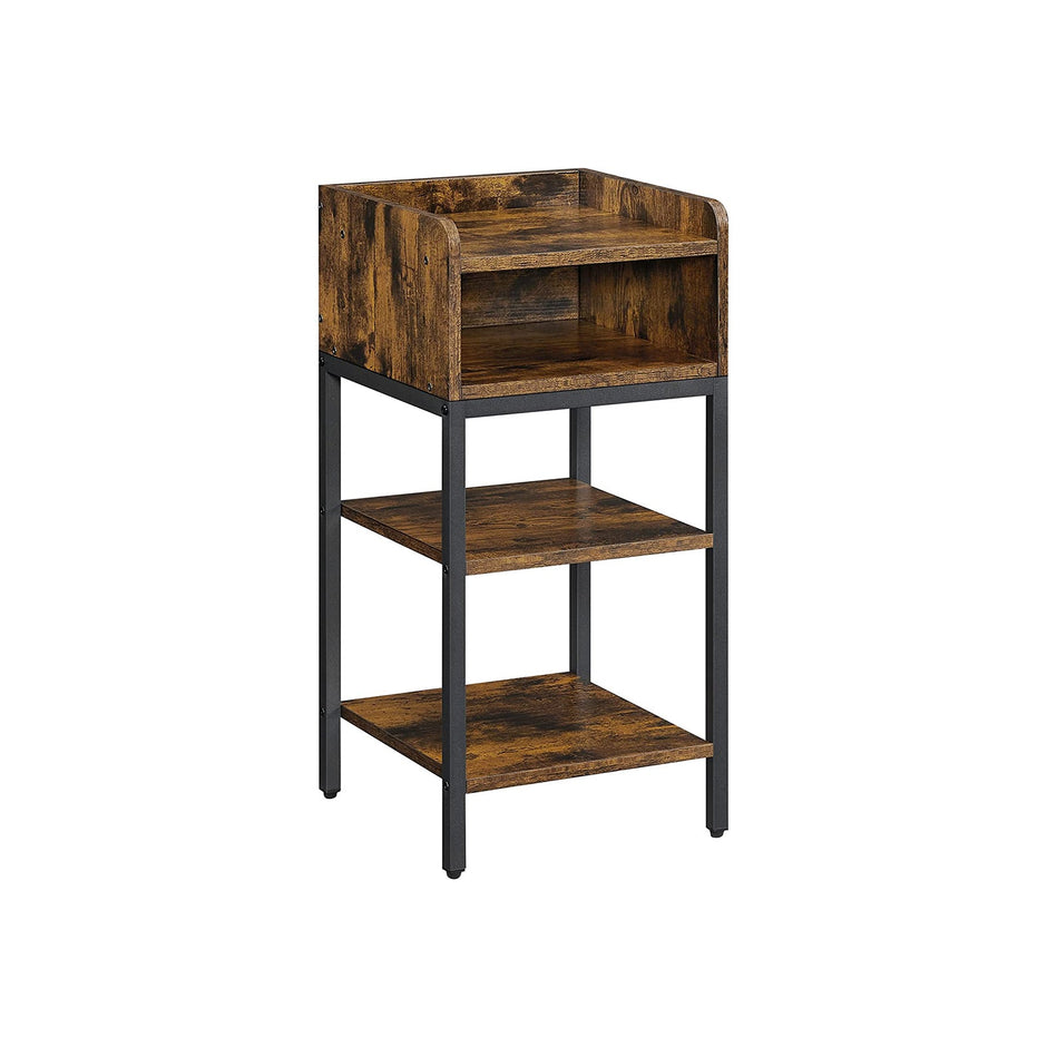 Side Table – Engineered Wood – Rustic Brown and Black – Space-Saving with Open Compartment and 2 Shelves