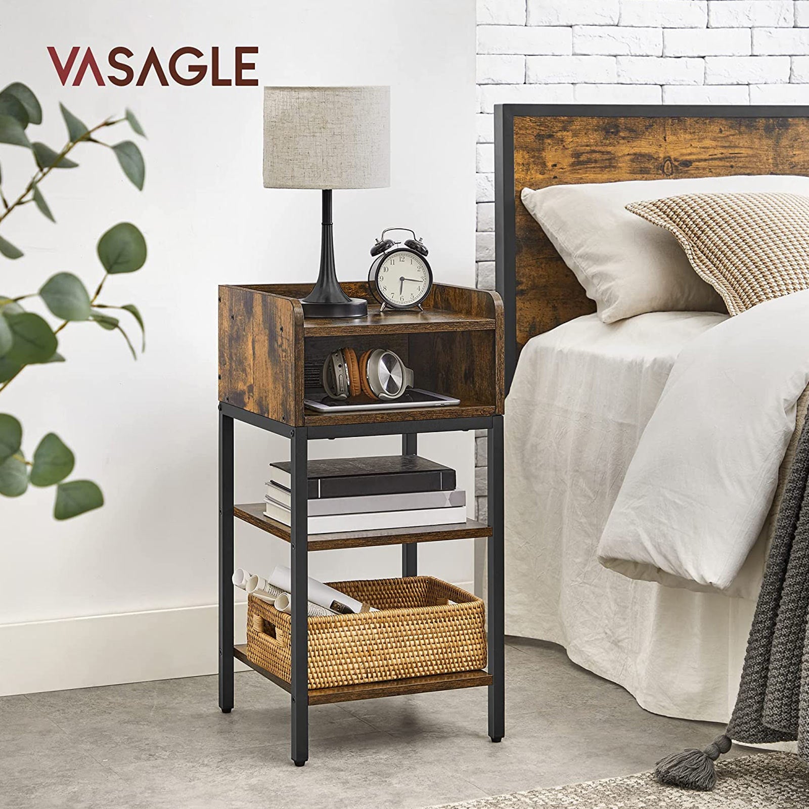 Side Table – Engineered Wood – Rustic Brown and Black – Space-Saving with Open Compartment and 2 Shelves