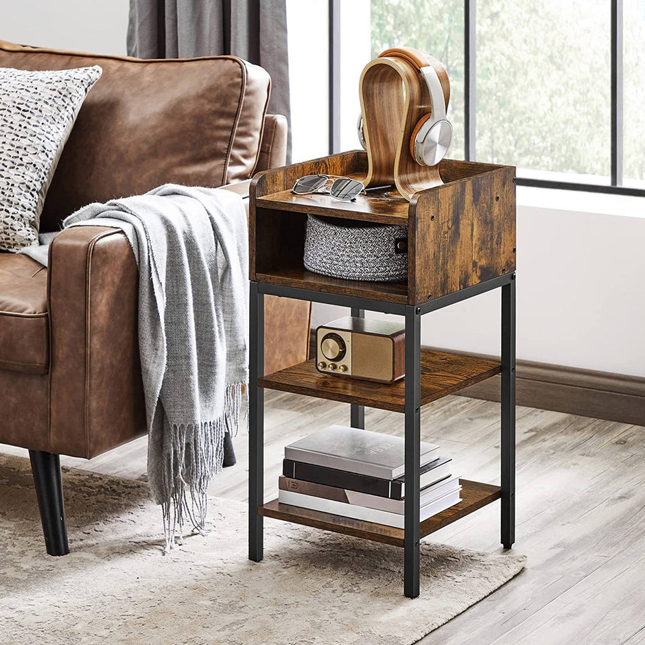 Side Table – Engineered Wood – Rustic Brown and Black – Space-Saving with Open Compartment and 2 Shelves