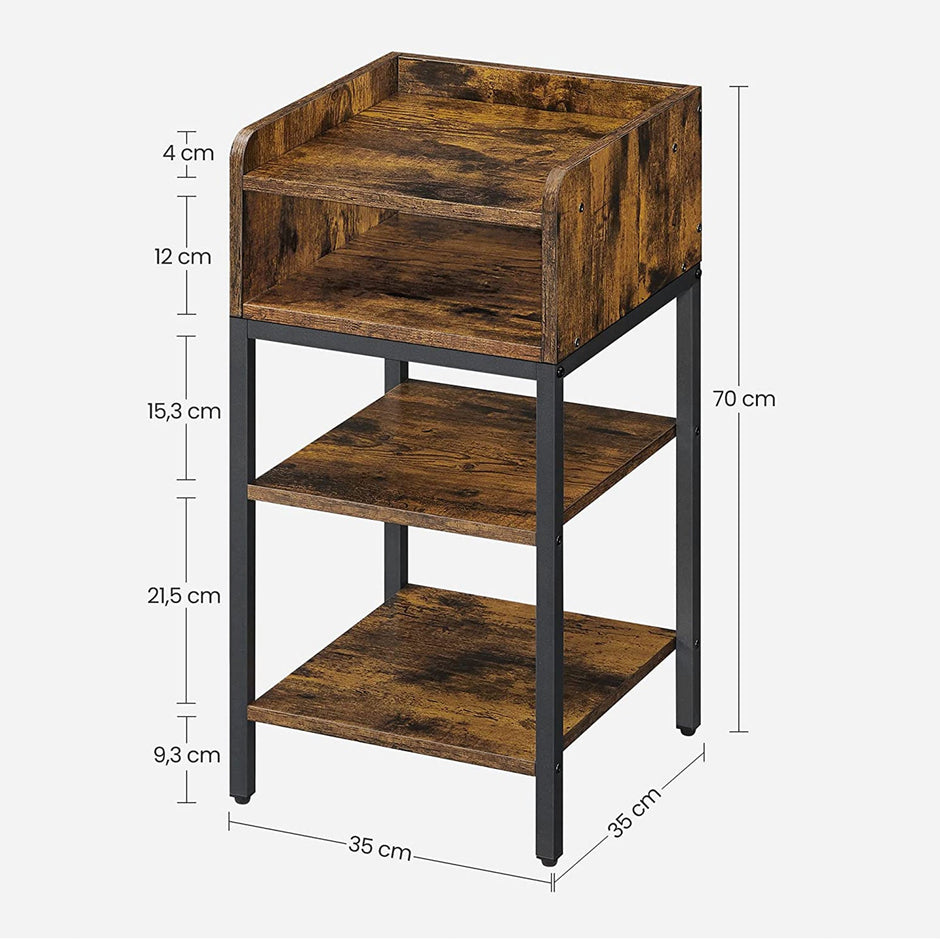 Side Table – Engineered Wood – Rustic Brown and Black – Space-Saving with Open Compartment and 2 Shelves