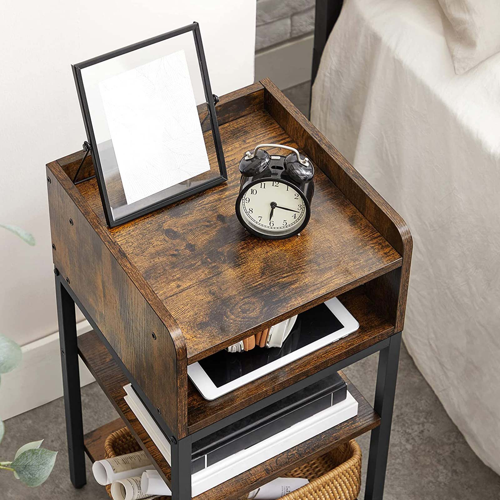 Side Table – Engineered Wood – Rustic Brown and Black – Space-Saving with Open Compartment and 2 Shelves
