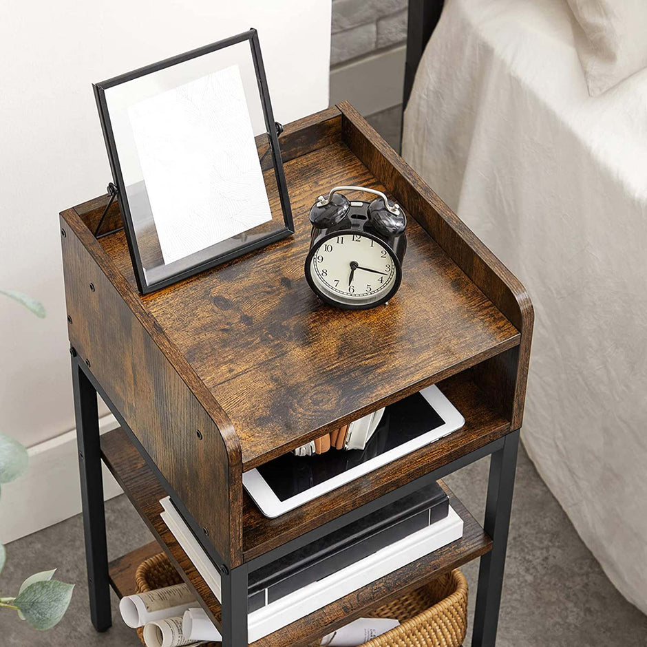 Side Table – Engineered Wood – Rustic Brown and Black – Space-Saving with Open Compartment and 2 Shelves