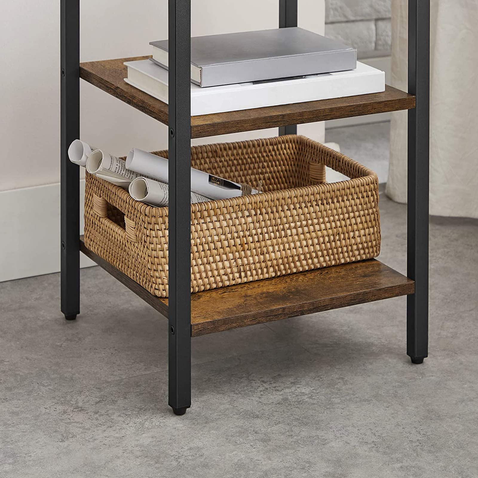Side Table – Engineered Wood – Rustic Brown and Black – Space-Saving with Open Compartment and 2 Shelves