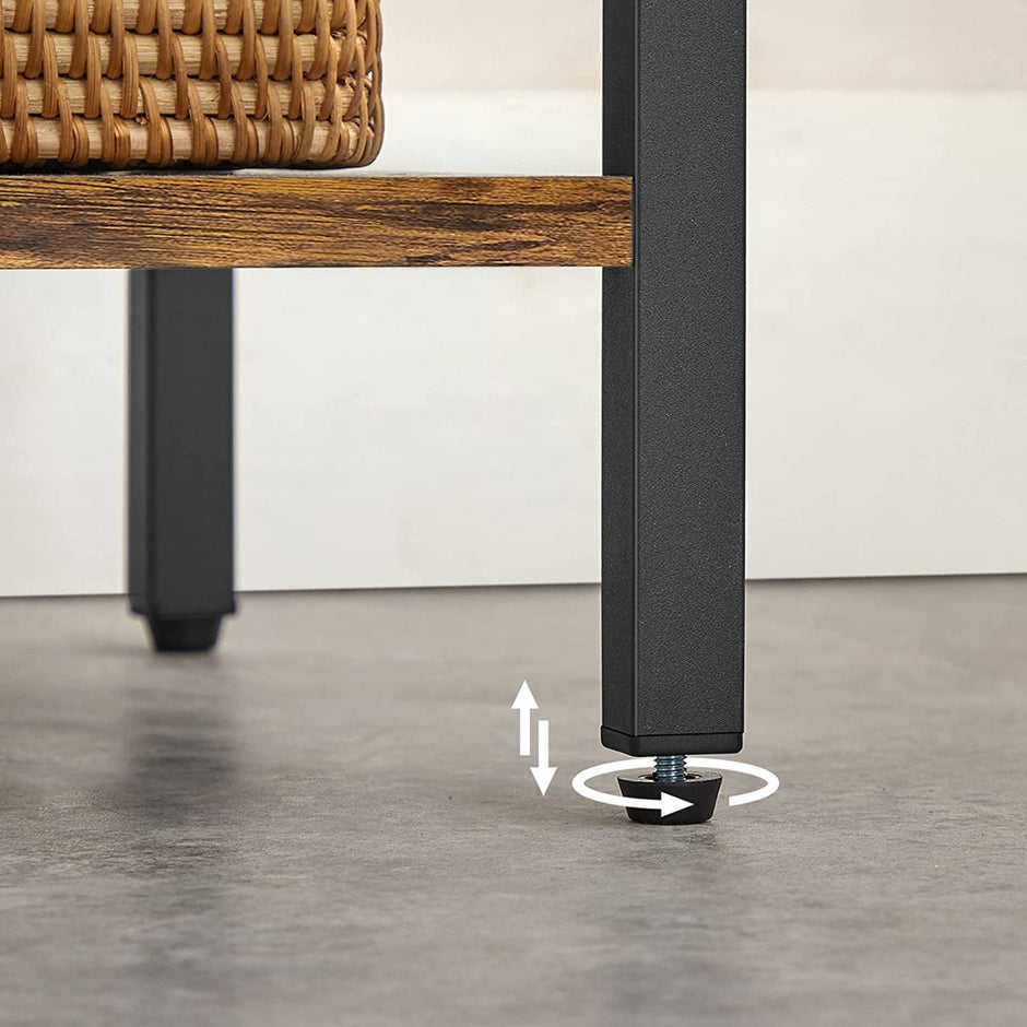 Side Table – Engineered Wood – Rustic Brown and Black – Space-Saving with Open Compartment and 2 Shelves