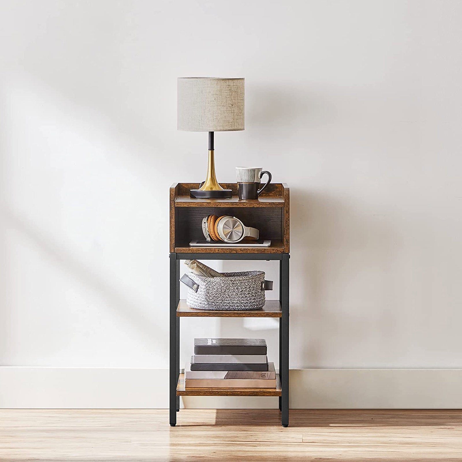 Side Table – Engineered Wood – Rustic Brown and Black – Space-Saving with Open Compartment and 2 Shelves