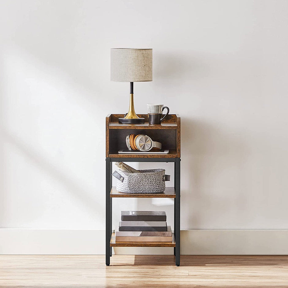 Side Table – Engineered Wood – Rustic Brown and Black – Space-Saving with Open Compartment and 2 Shelves