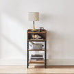 Side Table – Engineered Wood – Rustic Brown and Black – Space-Saving with Open Compartment and 2 Shelves