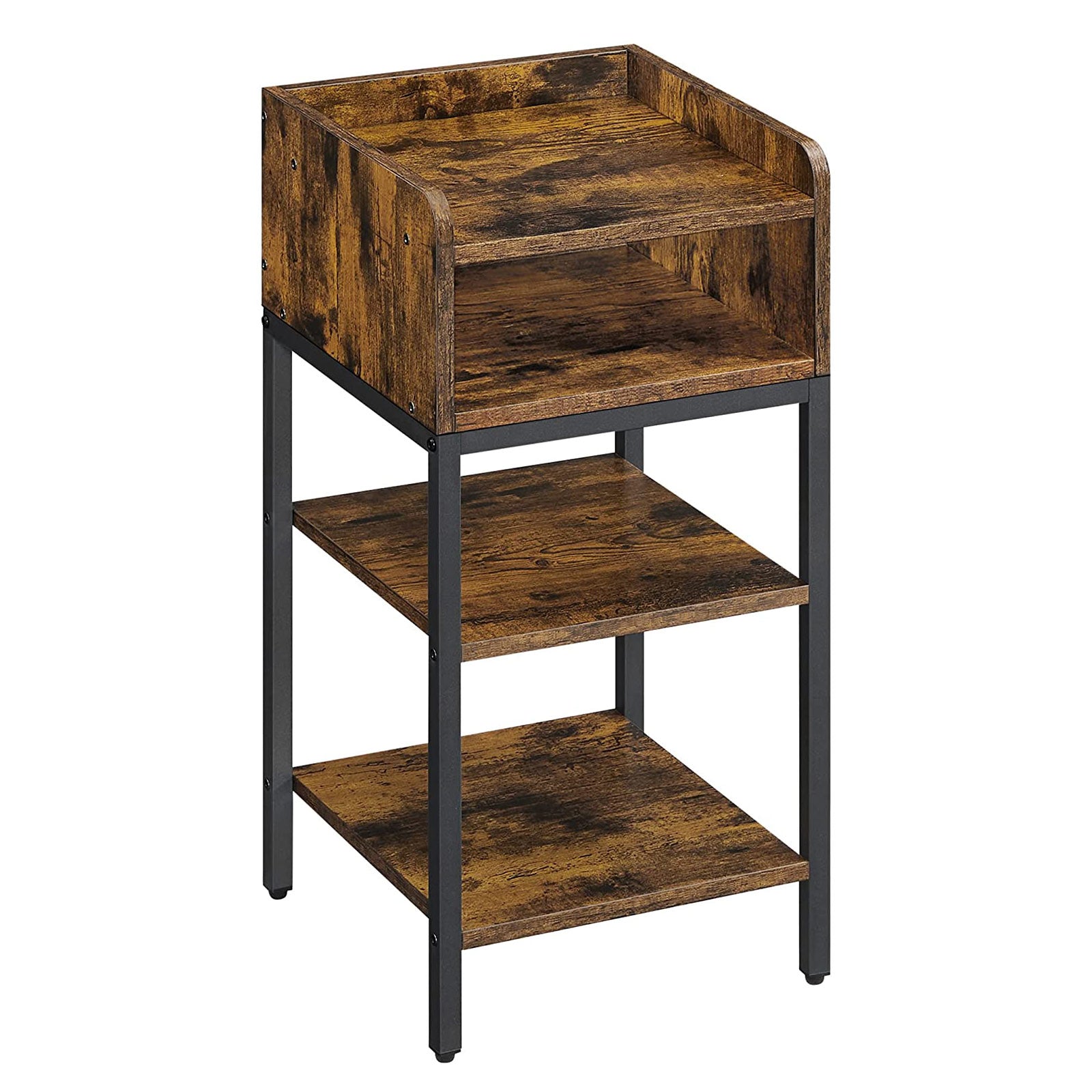 Side Table – Engineered Wood – Rustic Brown and Black – Space-Saving with Open Compartment and 2 Shelves