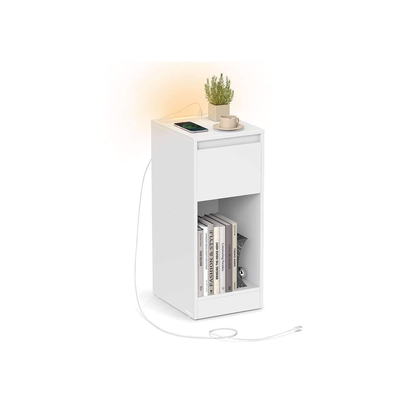 Record Player Stand – Wood – Cloud White – Vinyl Storage with Charging Station and LED Light