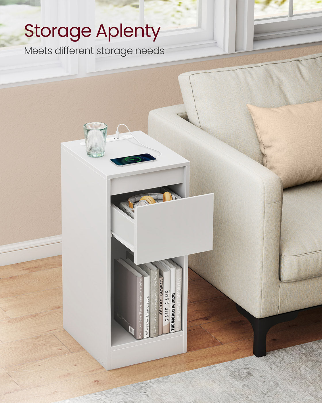 Record Player Stand – Wood – Cloud White – Vinyl Storage with Charging Station and LED Light