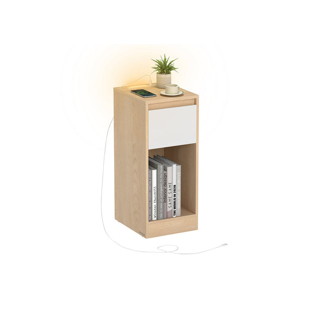 Record Player Stand – Wood – Cloud White – Vinyl Storage with Charging Station and LED Light