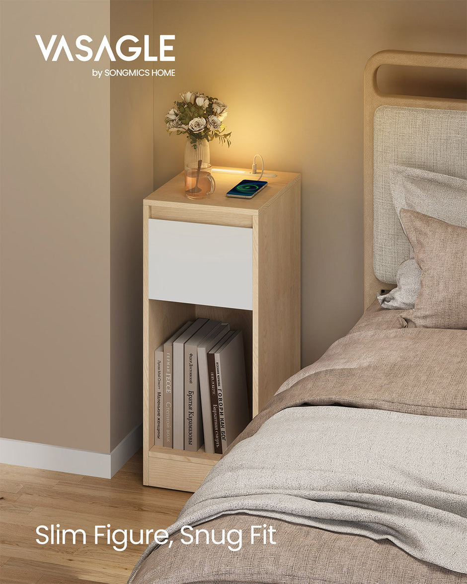 Record Player Stand – Wood – Cloud White – Vinyl Storage with Charging Station and LED Light