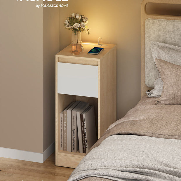 Record Player Stand – Wood – Cloud White – Vinyl Storage with Charging Station and LED Light