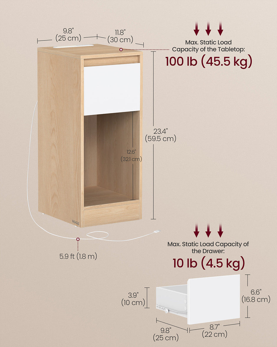 Record Player Stand – Wood – Cloud White – Vinyl Storage with Charging Station and LED Light