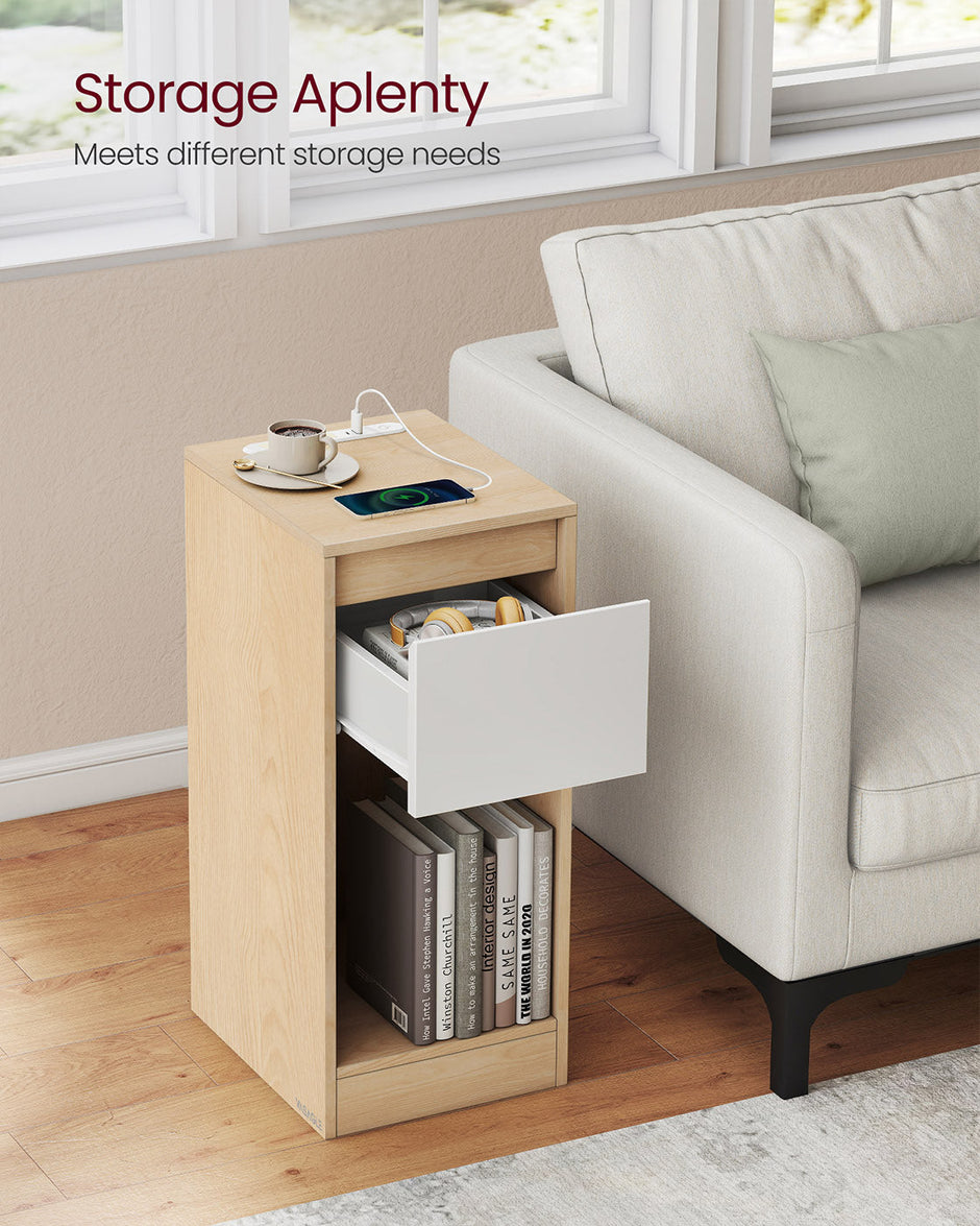 Record Player Stand – Wood – Cloud White – Vinyl Storage with Charging Station and LED Light