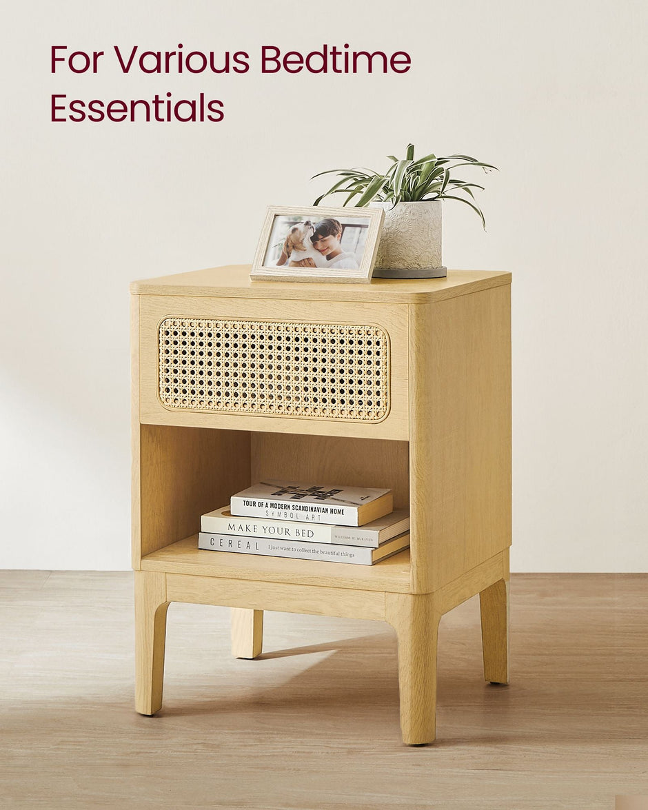 Rattan Bedside Table – Natural – Modern Design with Drawer for Living Room and Bedroom Storage
