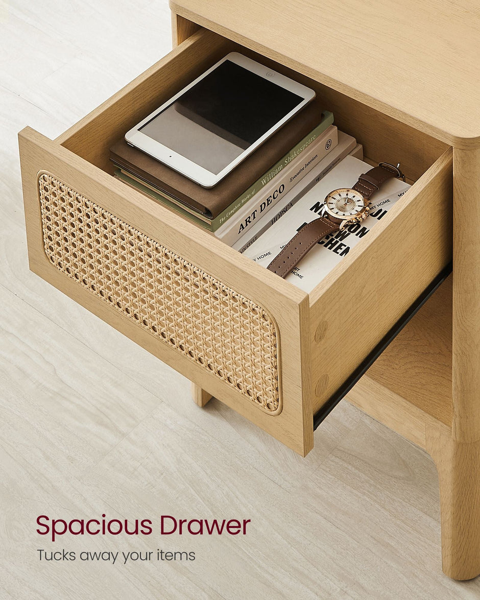 Rattan Bedside Table – Natural – Modern Design with Drawer for Living Room and Bedroom Storage