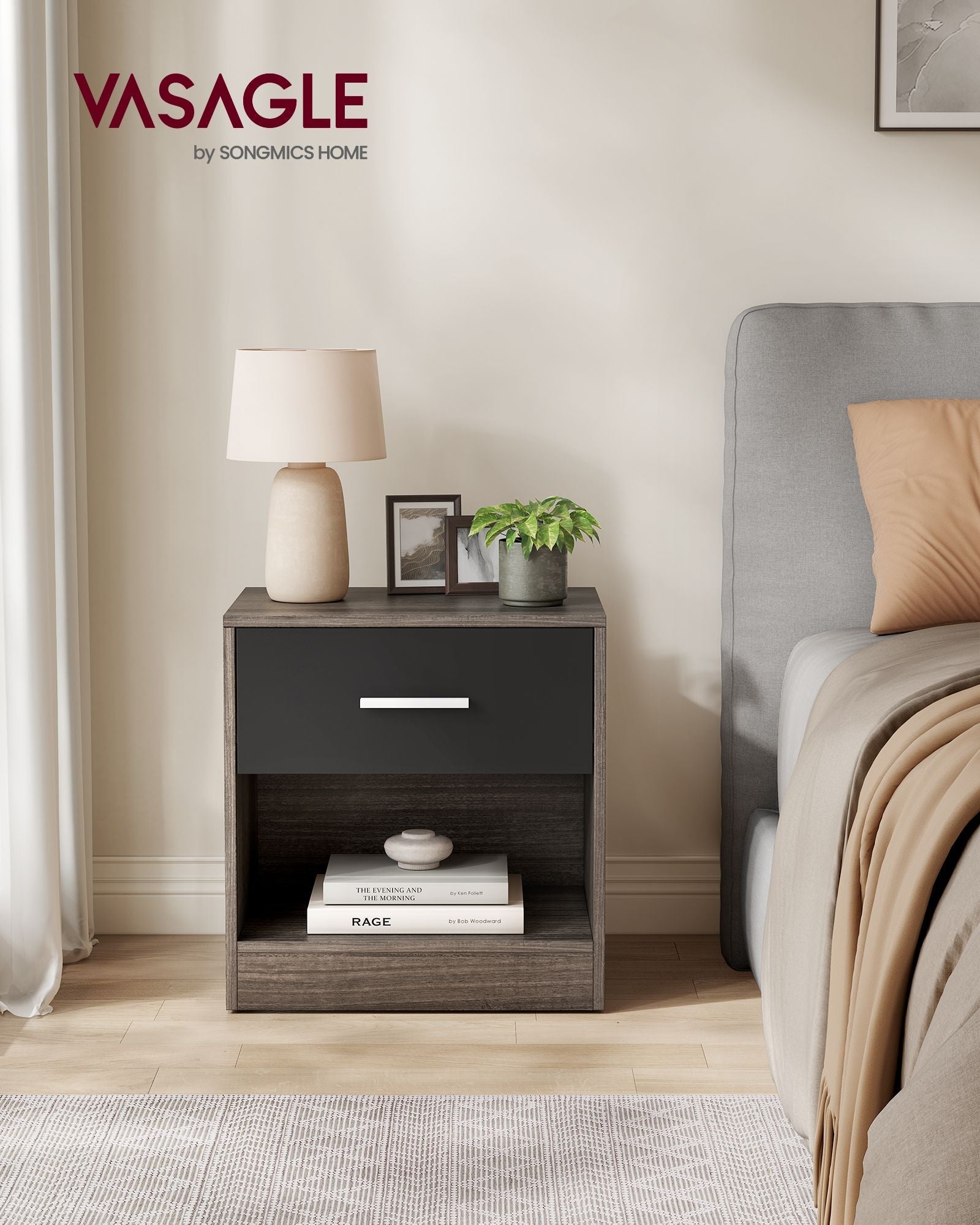 Bedside Table – Particle Board – Brown and Black – Drawer and Open Compartment