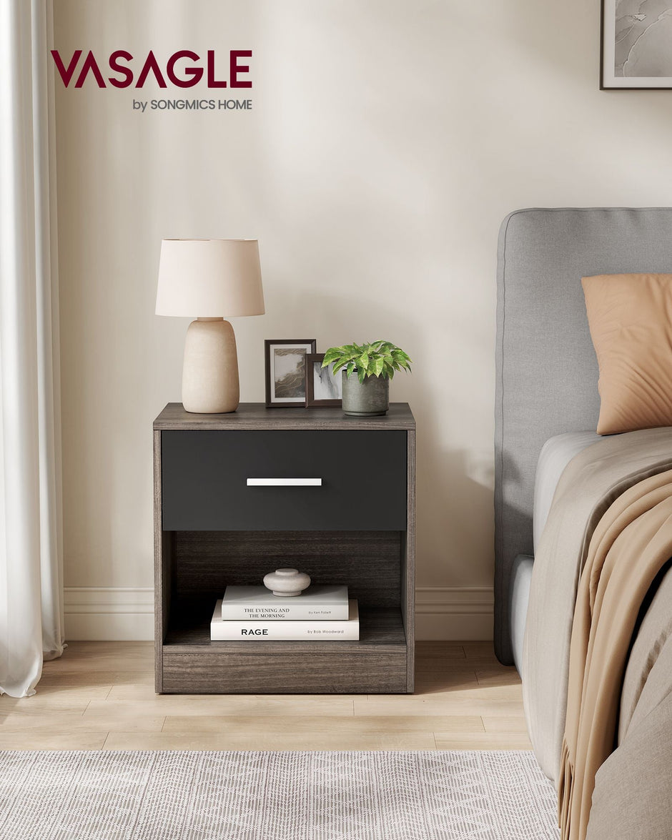 Bedside Table – Particle Board – Brown and Black – Drawer and Open Compartment