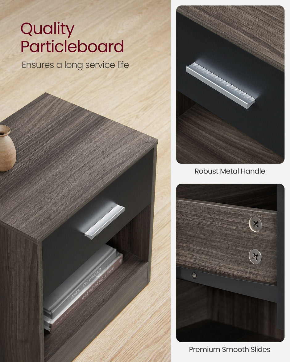 Bedside Table – Particle Board – Brown and Black – Drawer and Open Compartment