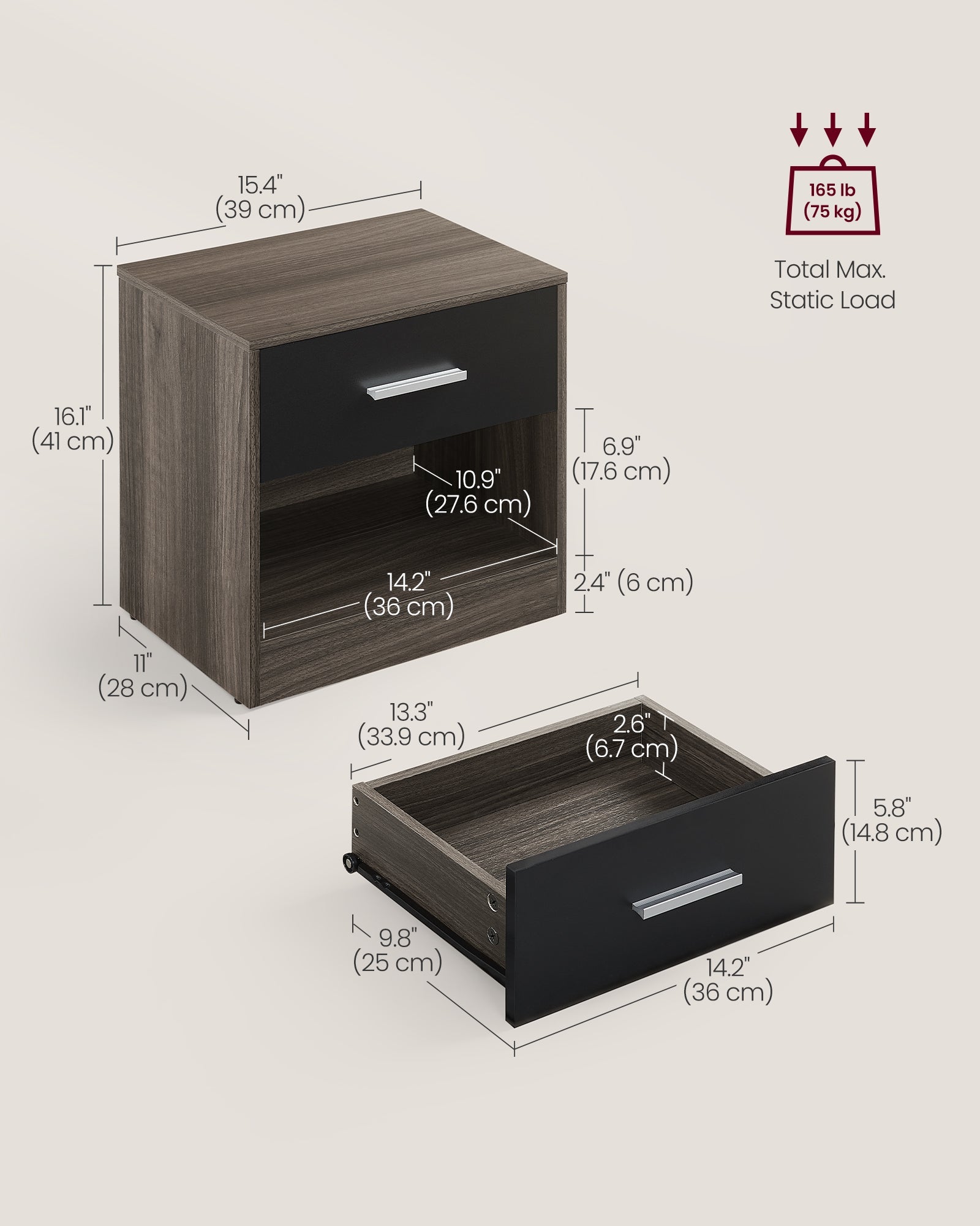 Bedside Table – Particle Board – Brown and Black – Drawer and Open Compartment