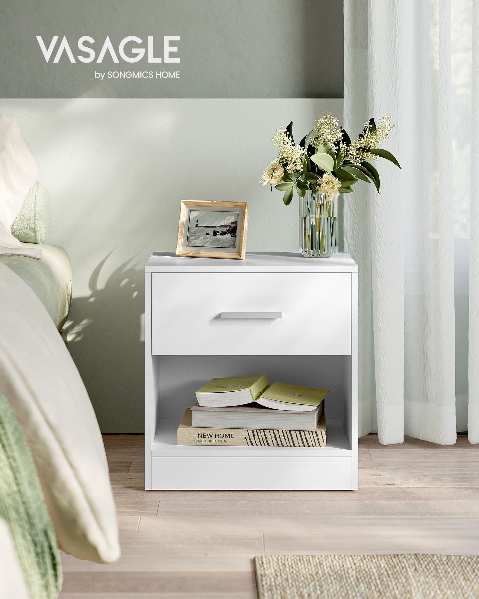 Bedside Table – Wood – Natural Finish – Drawer and Open Compartment
