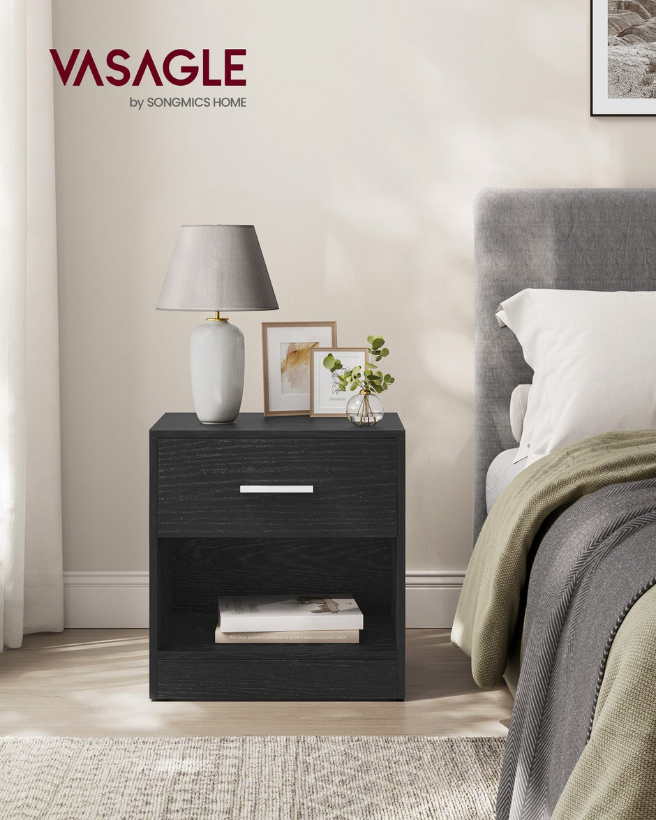 Side Table – Wood – Natural Finish – Drawer and Open Compartment