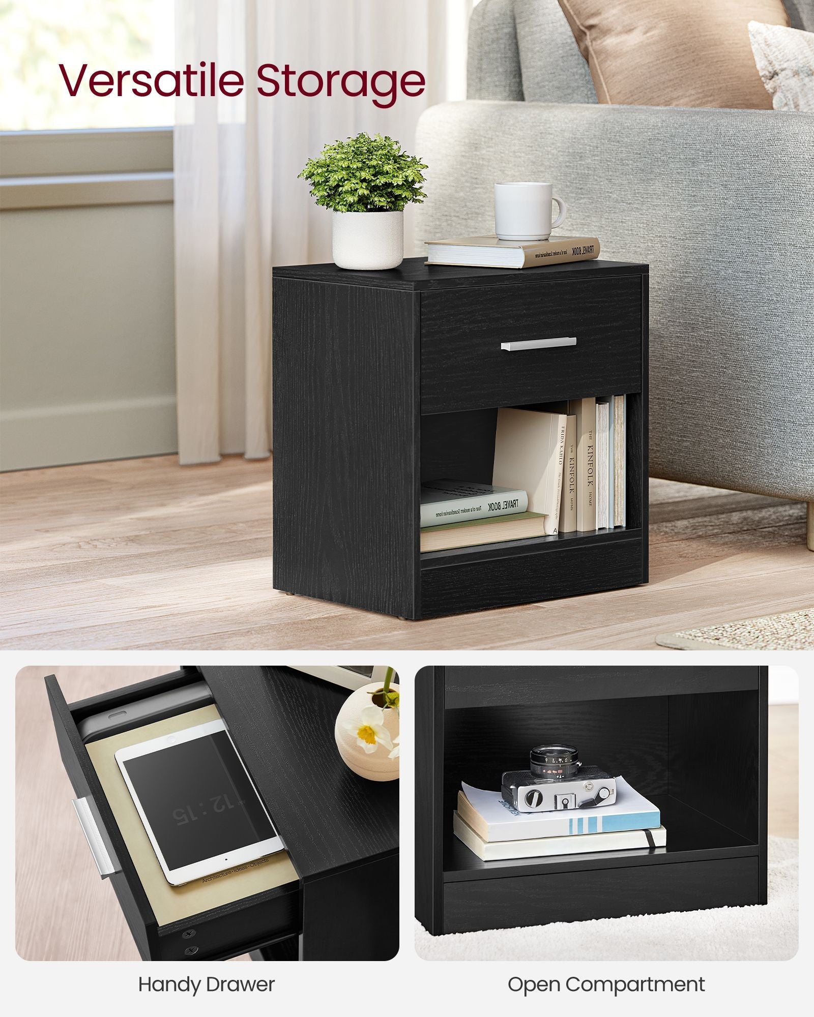 Side Table – Wood – Natural Finish – Drawer and Open Compartment