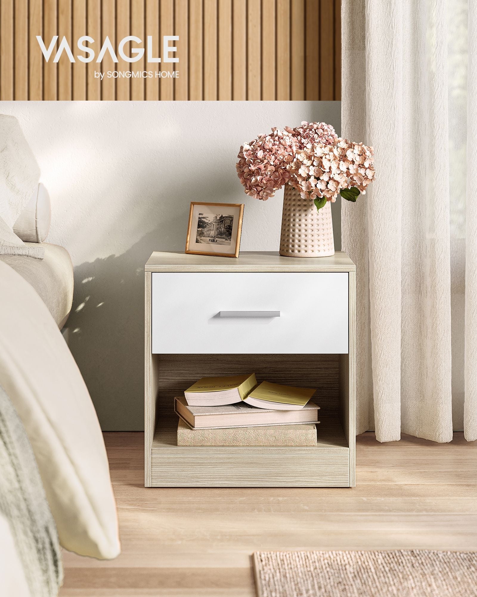 Bedside Table – Wood – Natural Finish – Drawer and Open Compartment