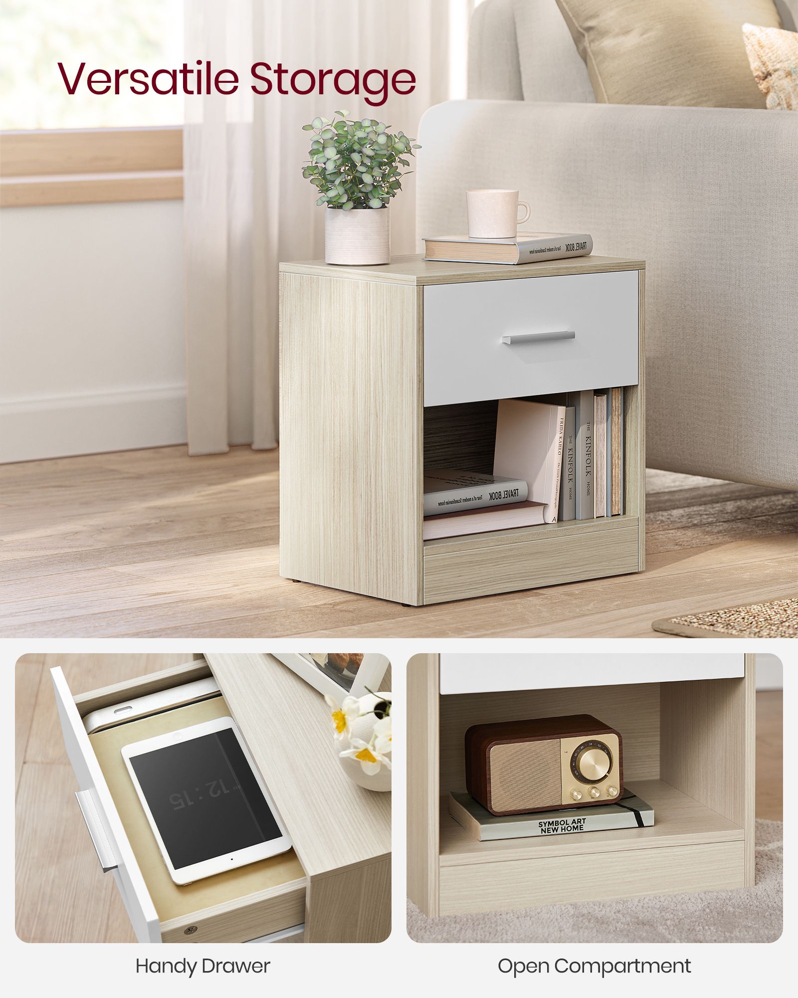 Bedside Table – Wood – Natural Finish – Drawer and Open Compartment