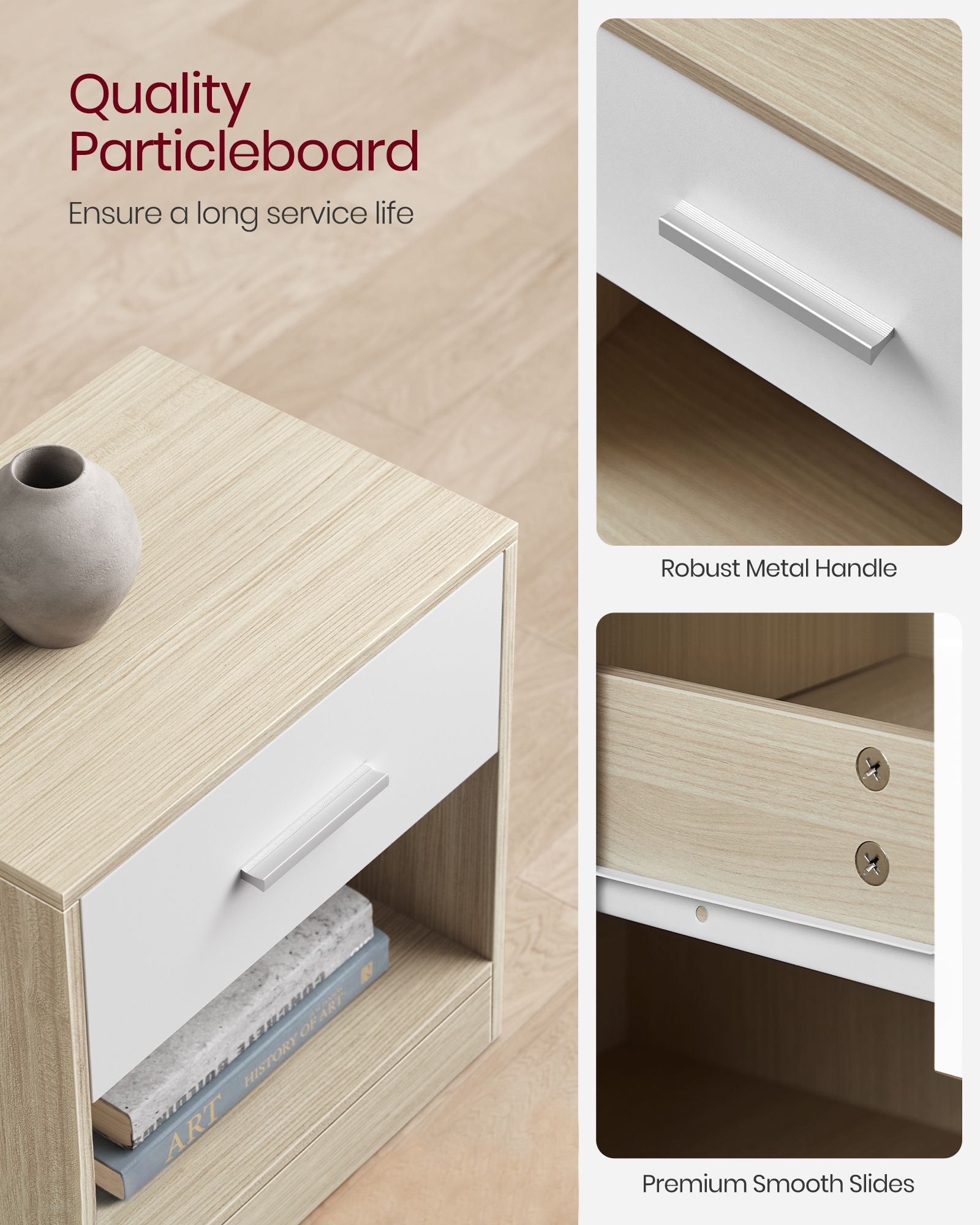 Bedside Table – Wood – Natural Finish – Drawer and Open Compartment