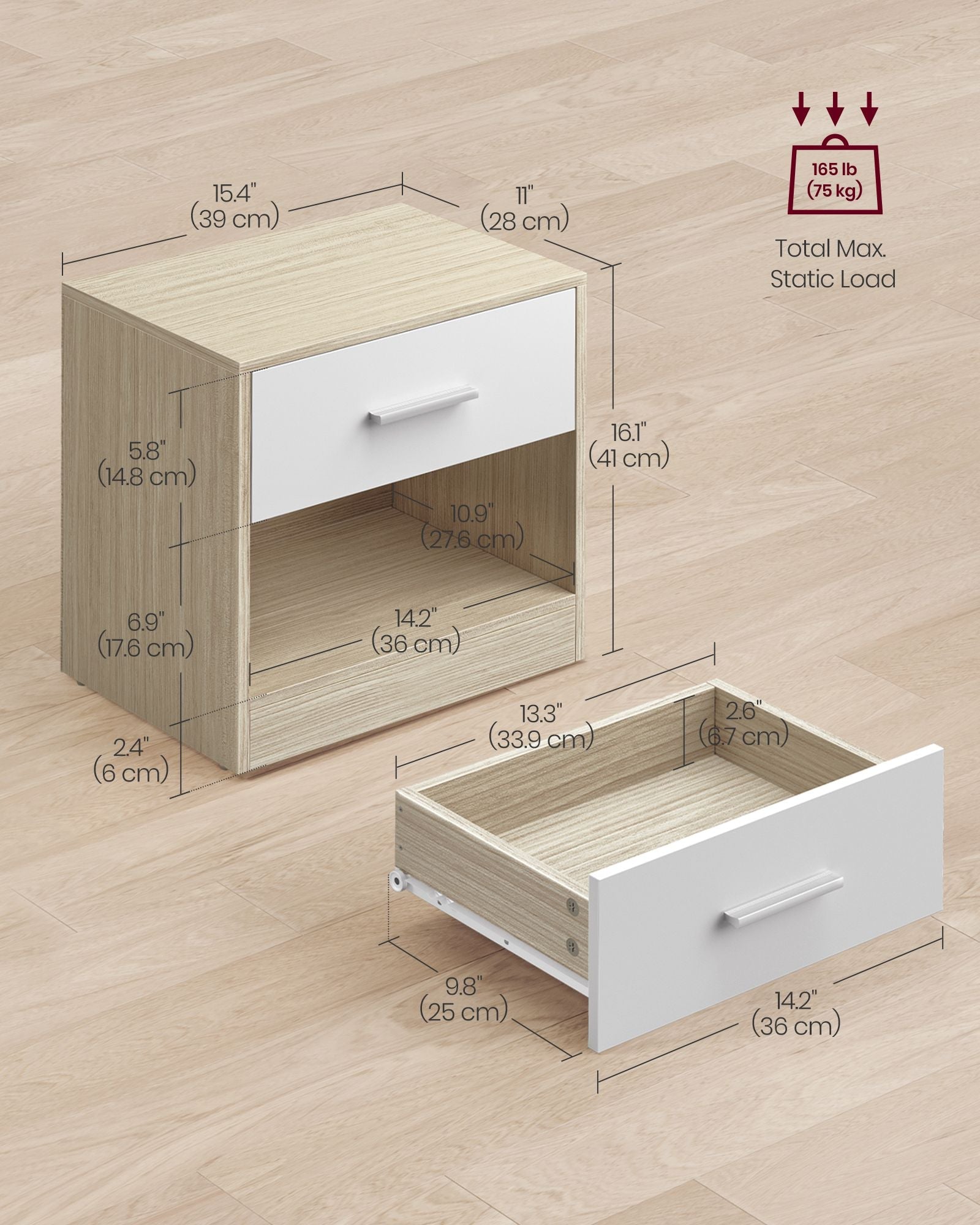 Bedside Table – Wood – Natural Finish – Drawer and Open Compartment