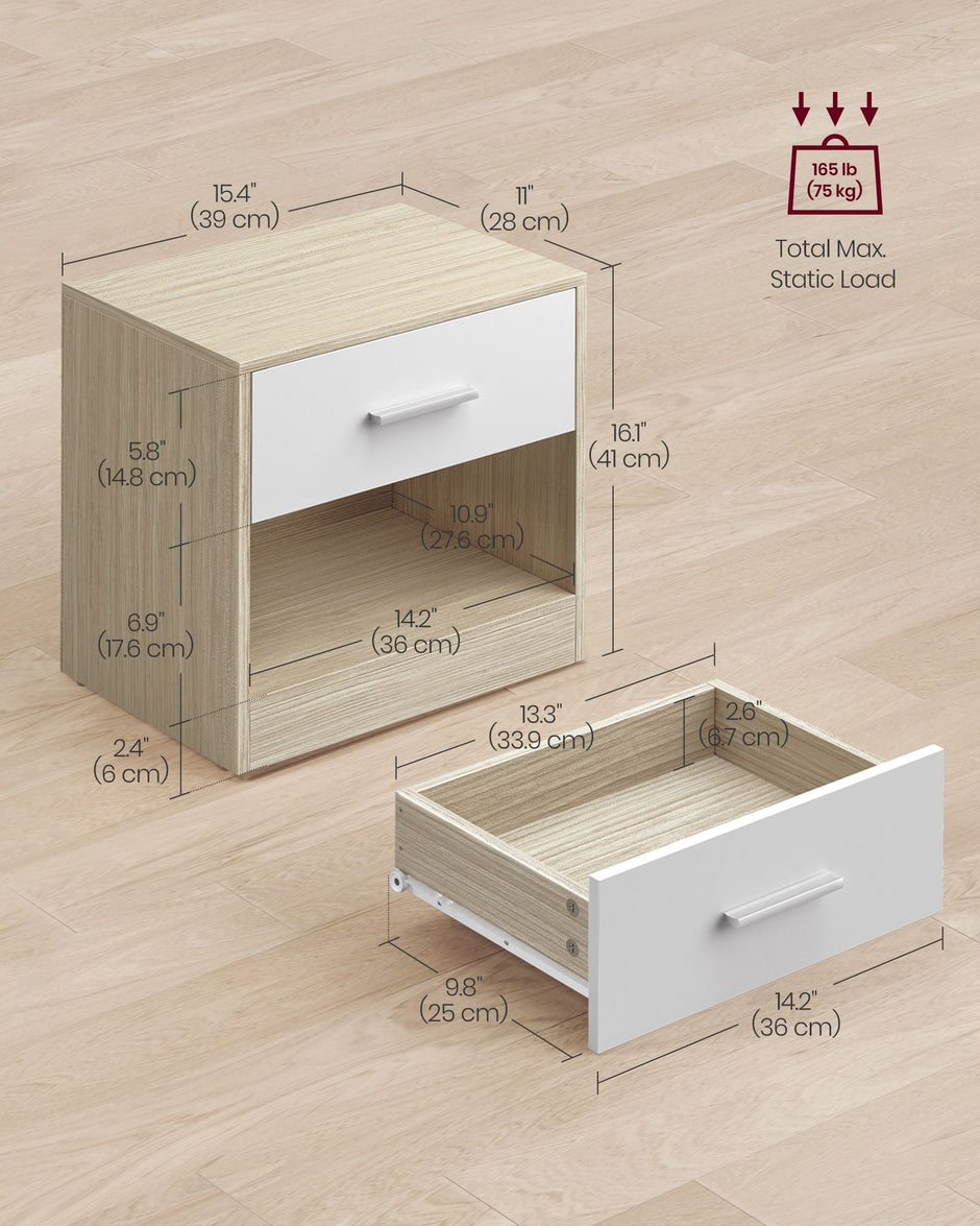 Bedside Table – Wood – Natural Finish – Drawer and Open Compartment
