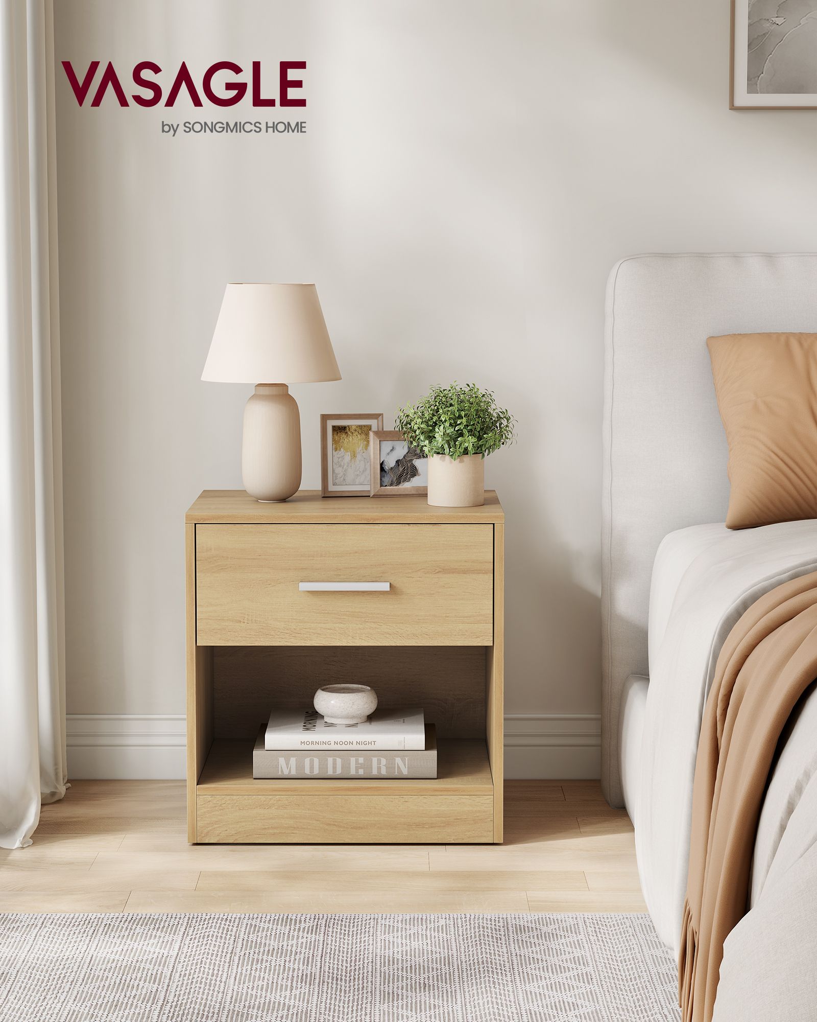 Bedside Table – Wood – Straw Yellow – With Drawer and Open Compartment