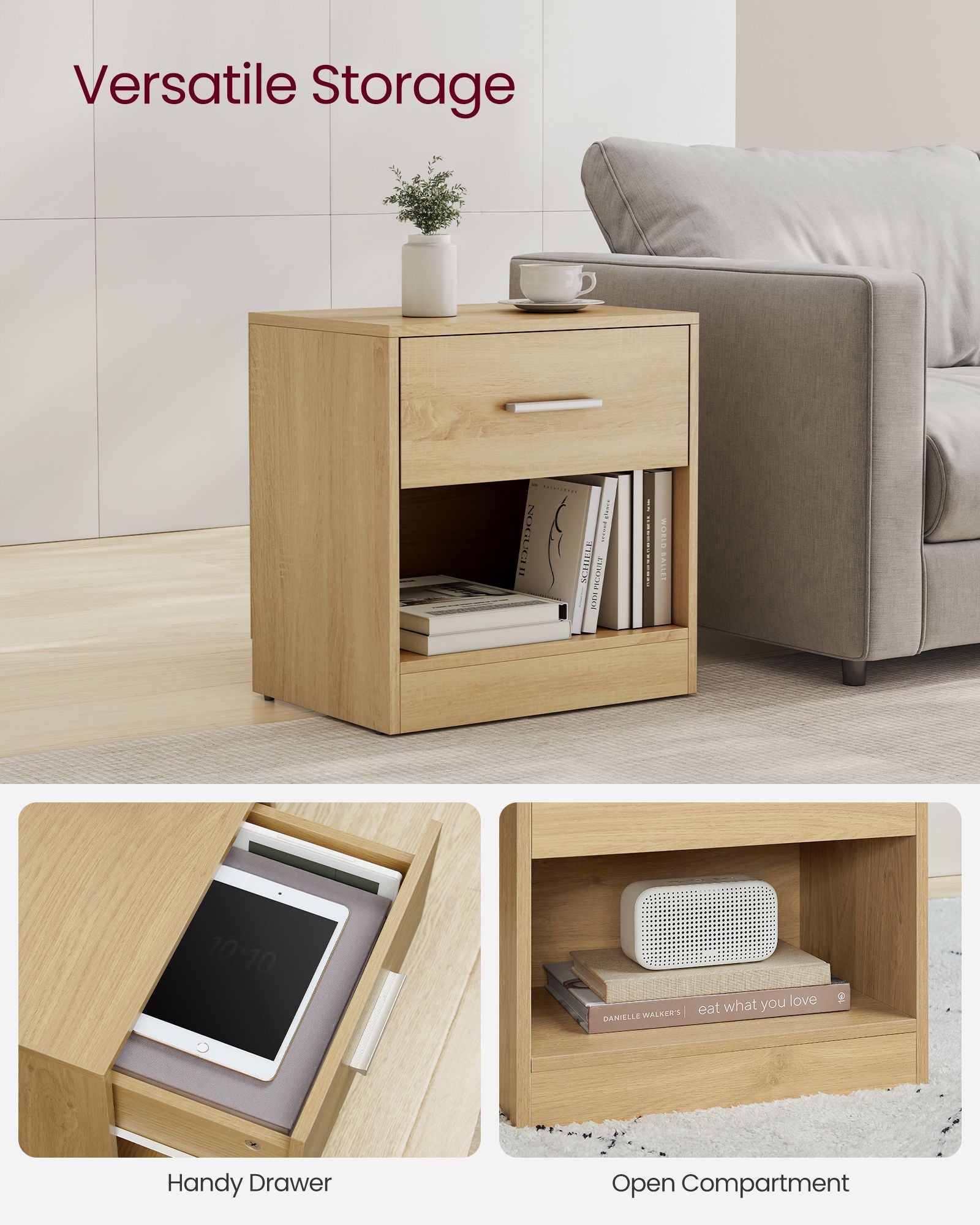 Bedside Table – Wood – Straw Yellow – With Drawer and Open Compartment