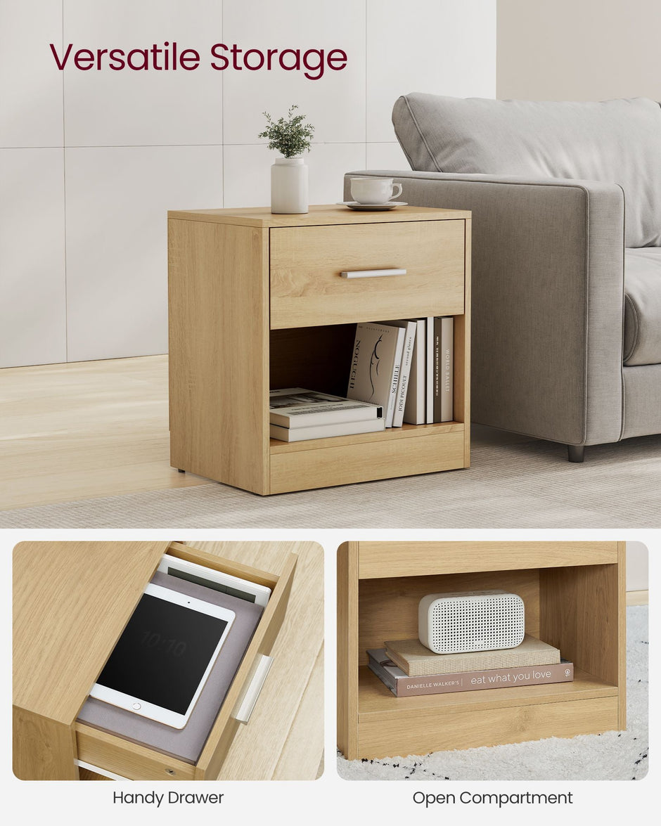 Bedside Table – Wood – Straw Yellow – With Drawer and Open Compartment