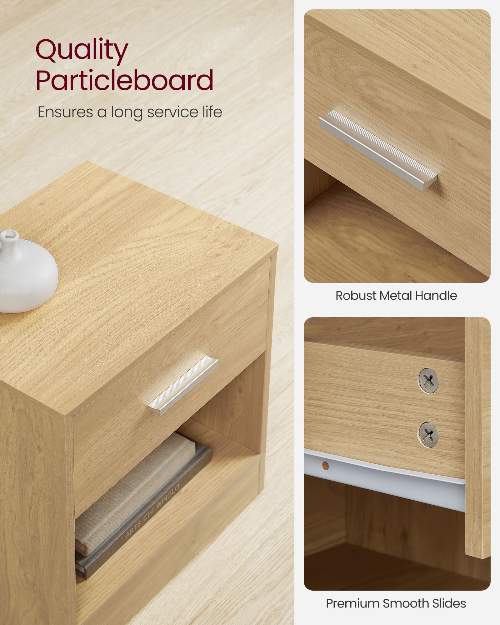 Bedside Table – Wood – Straw Yellow – With Drawer and Open Compartment