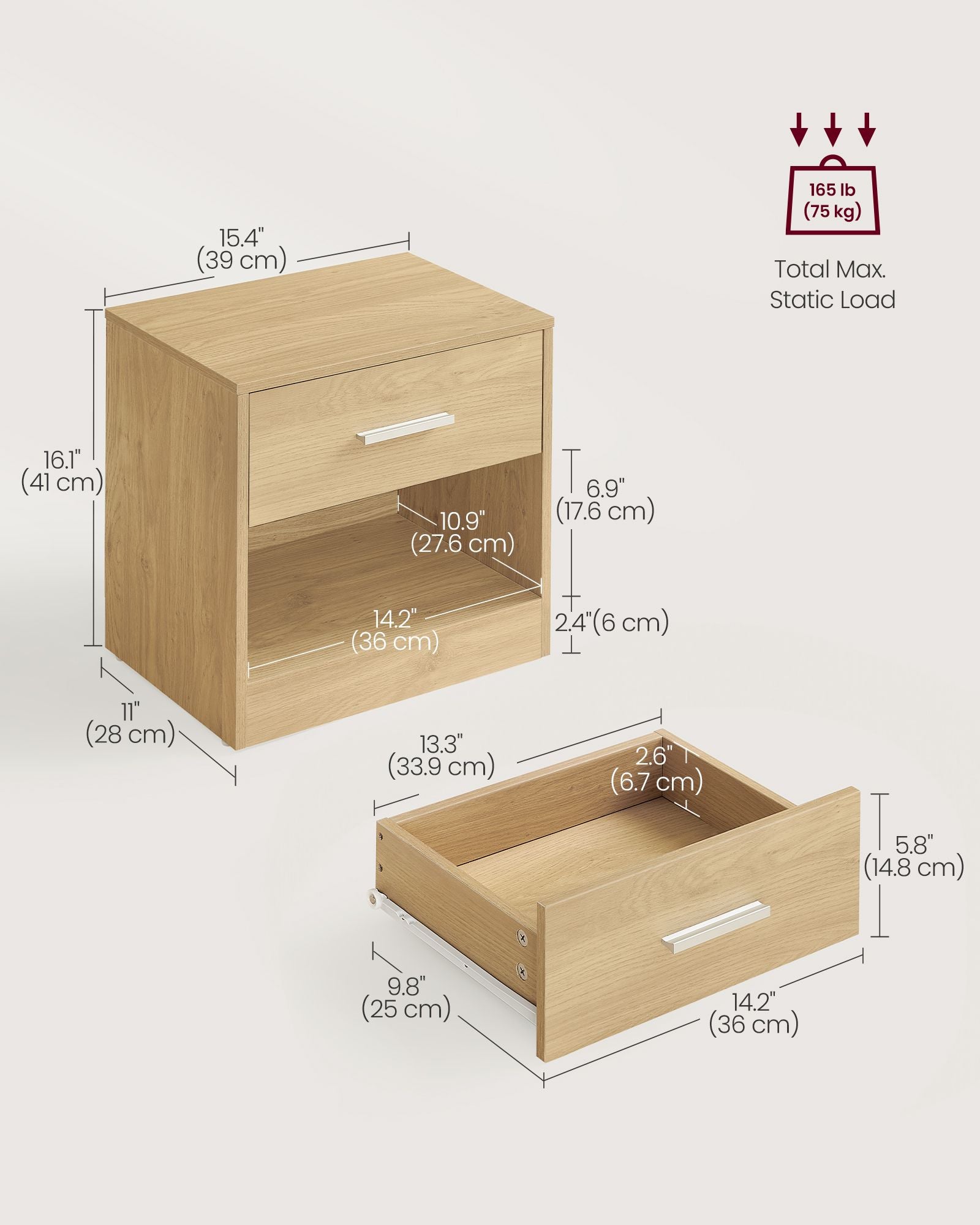 Bedside Table – Wood – Straw Yellow – With Drawer and Open Compartment