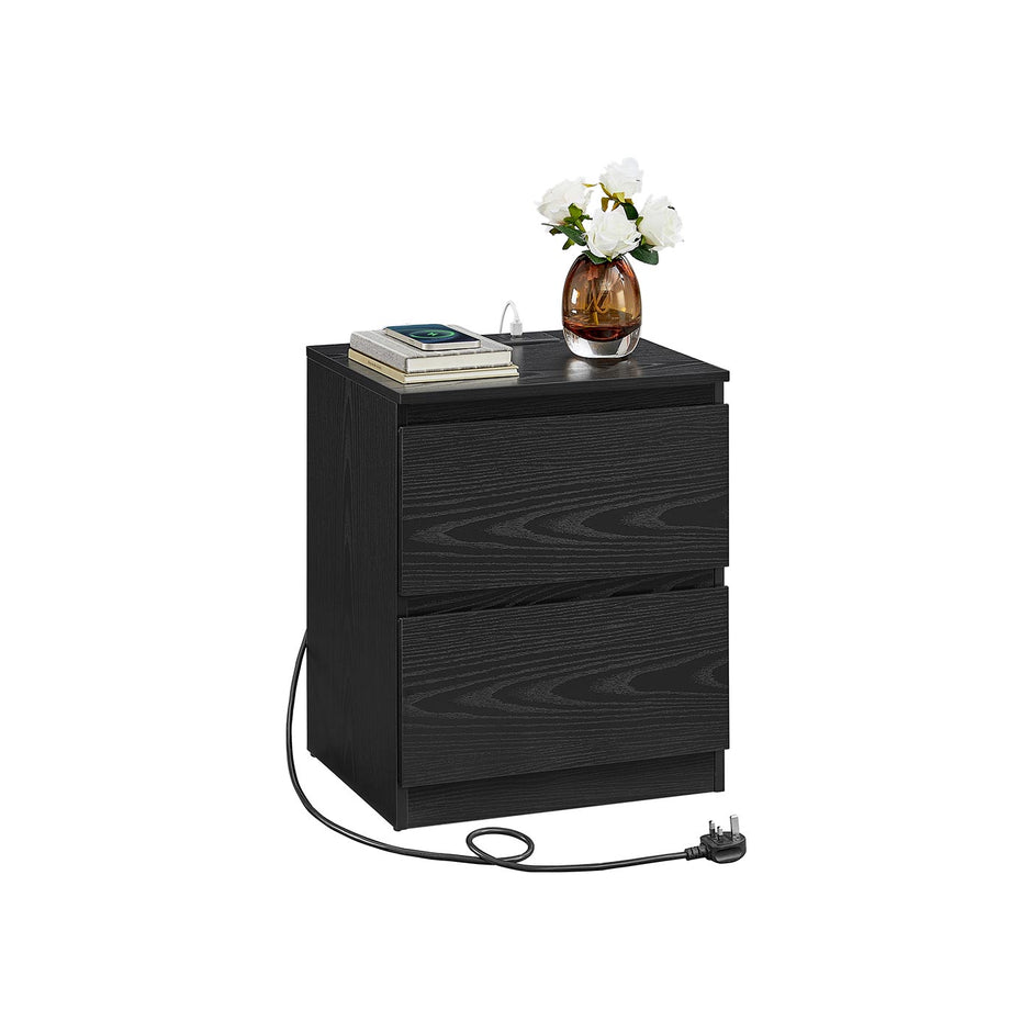Nightstand – Wood – Ebony Black – With Charging Station and Drawers