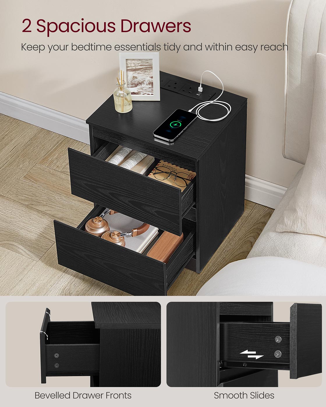 Nightstand – Wood – Ebony Black – With Charging Station and Drawers