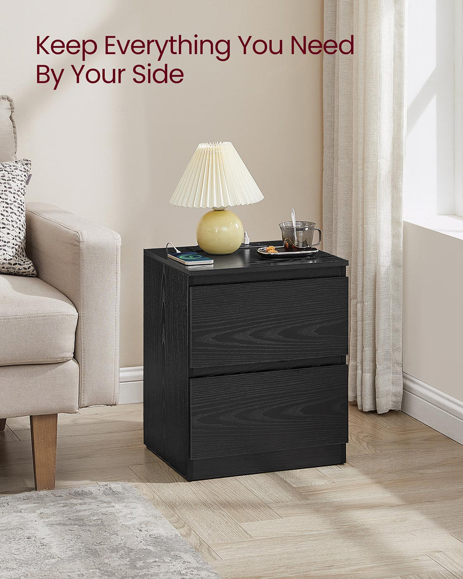 Nightstand – Wood – Ebony Black – With Charging Station and Drawers
