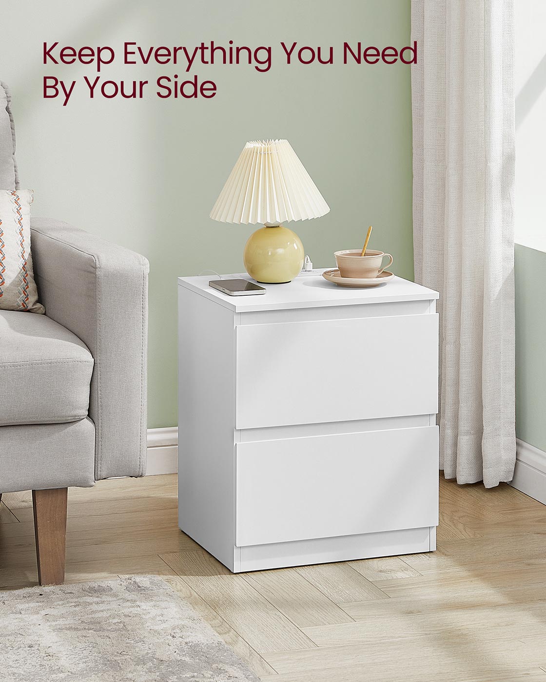 Nightstand – Wood – Cloud White – With Charging Station and Drawers