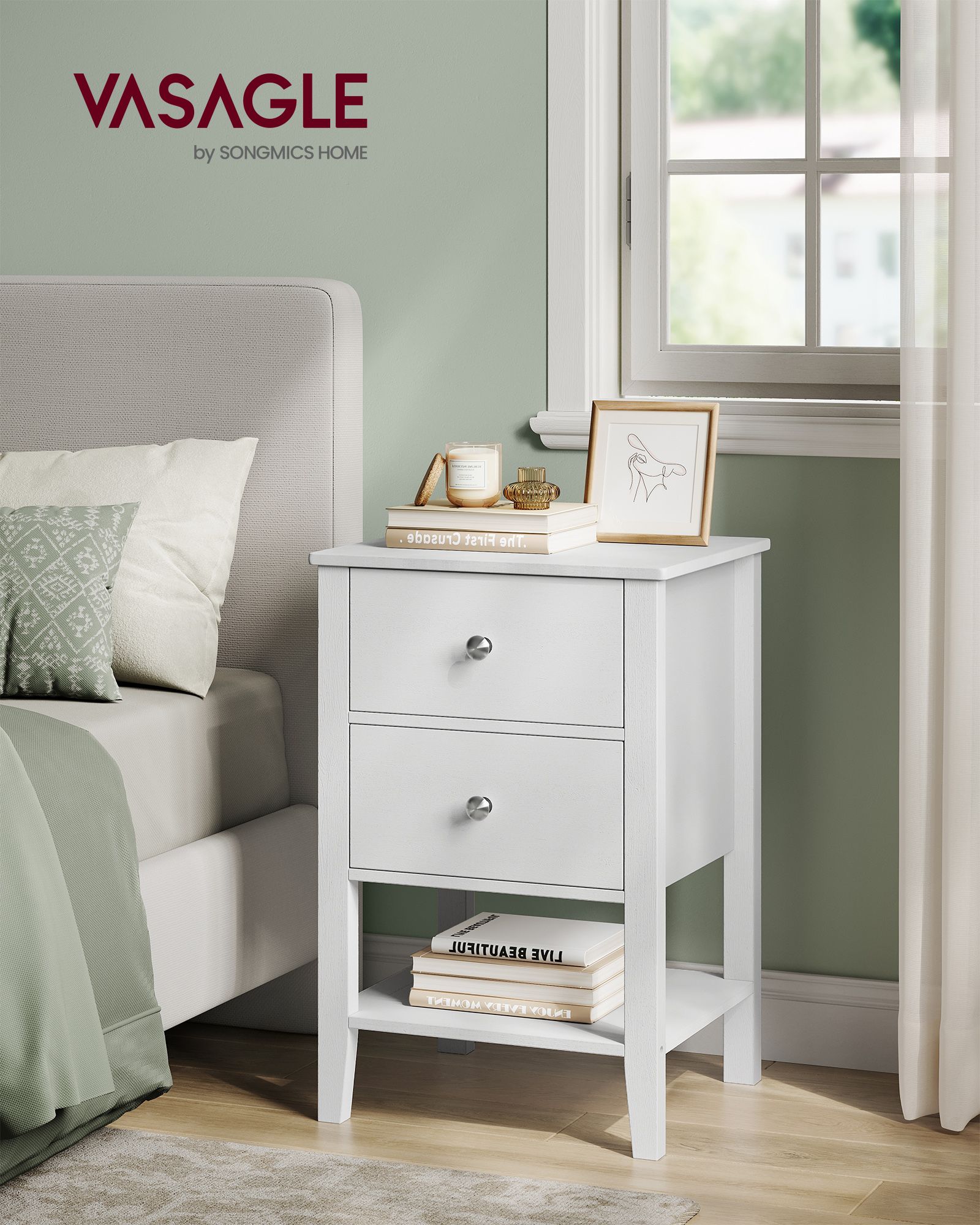 Bamboo Bedside Table – Bamboo – Cloud White – 2 Drawers and Open Shelf