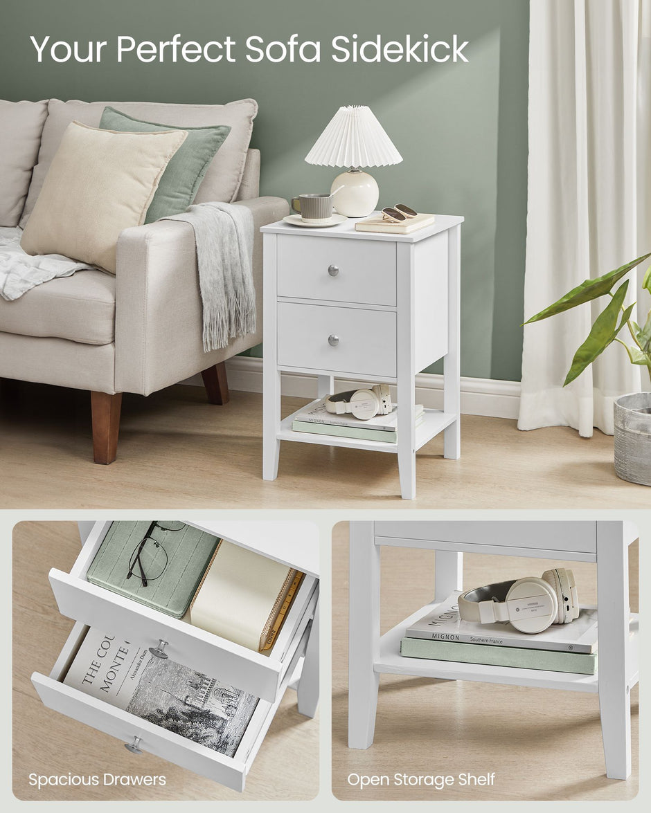 Bamboo Bedside Table – Bamboo – Cloud White – 2 Drawers and Open Shelf