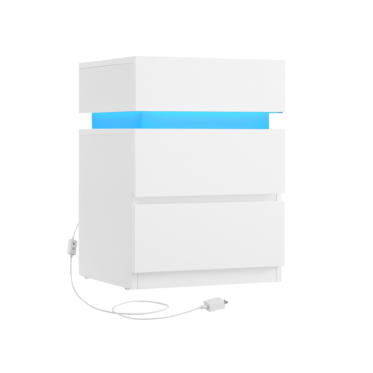 Bedside Table – Wood – Cloud White – Modern Design with LED Lights and 3 Drawers