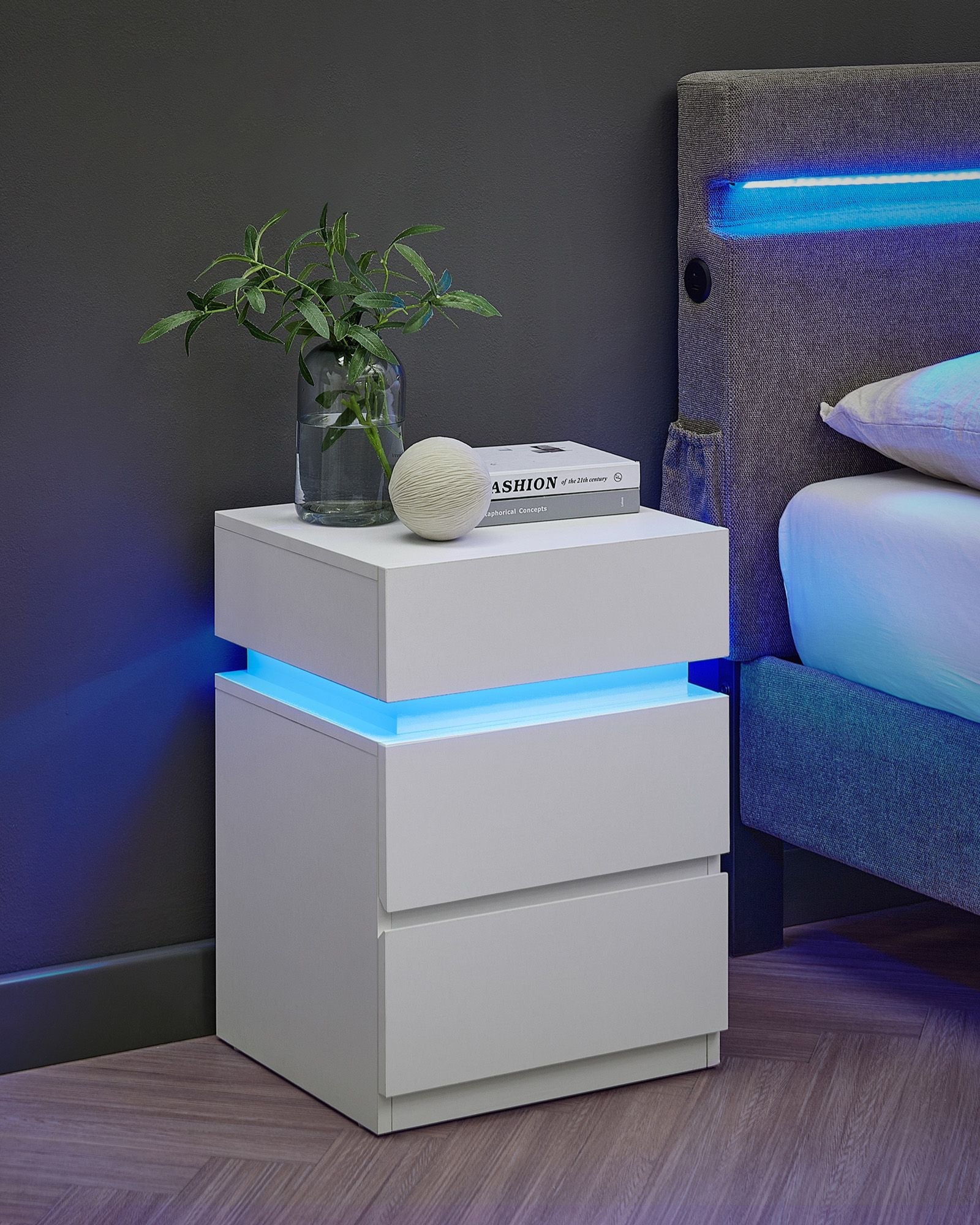Bedside Table – Wood – Cloud White – Modern Design with LED Lights and 3 Drawers