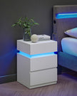 Bedside Table – Wood – Cloud White – Modern Design with LED Lights and 3 Drawers