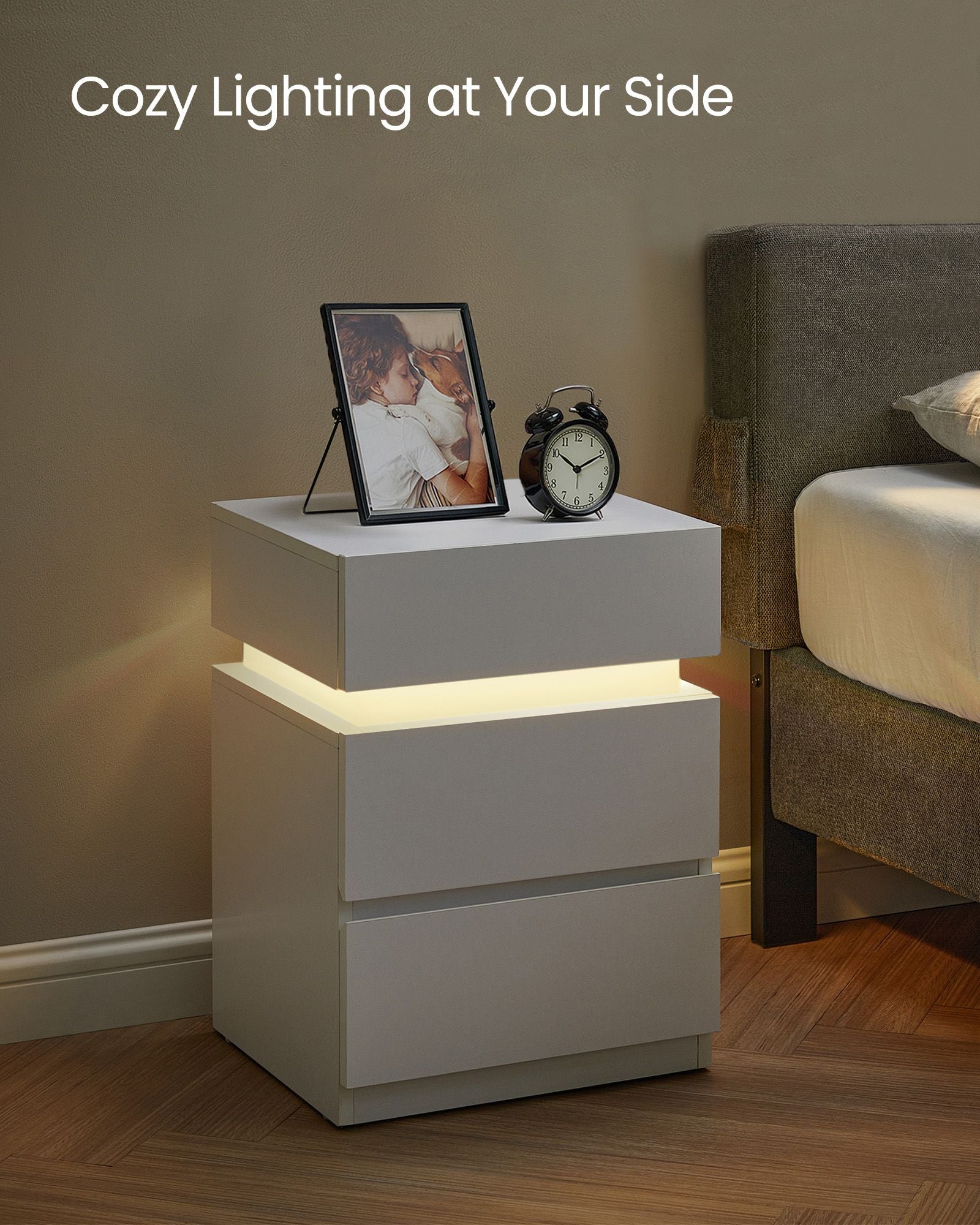 Bedside Table – Wood – Cloud White – Modern Design with LED Lights and 3 Drawers
