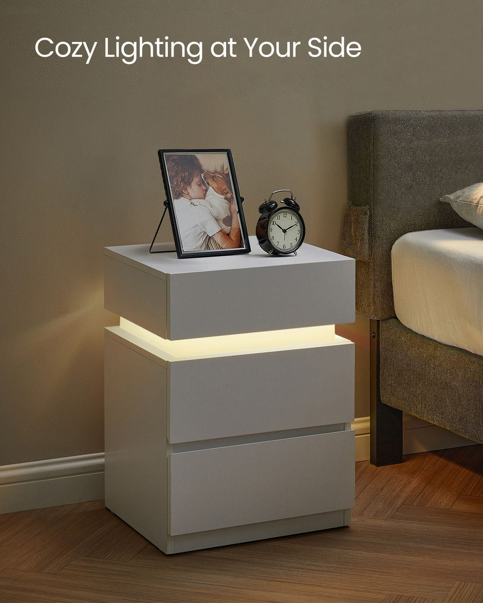 Bedside Table – Wood – Cloud White – Modern Design with LED Lights and 3 Drawers